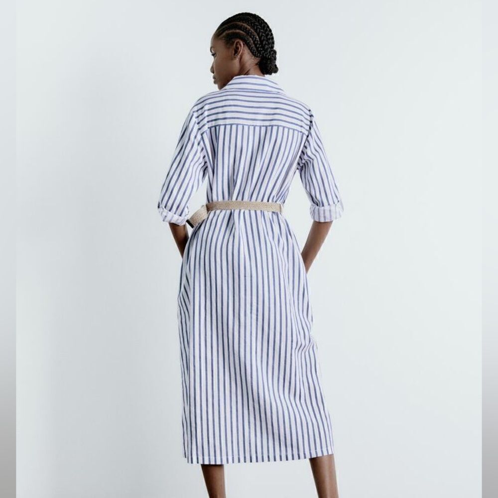 Zara Linen Blend Striped Belted Dress - Picture 5 of 9